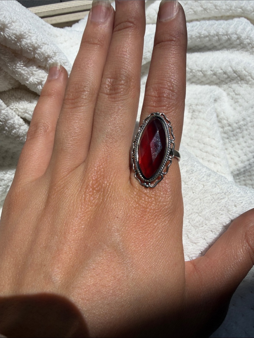 Sterling Silver Ring with Faceted Imitation Garnet